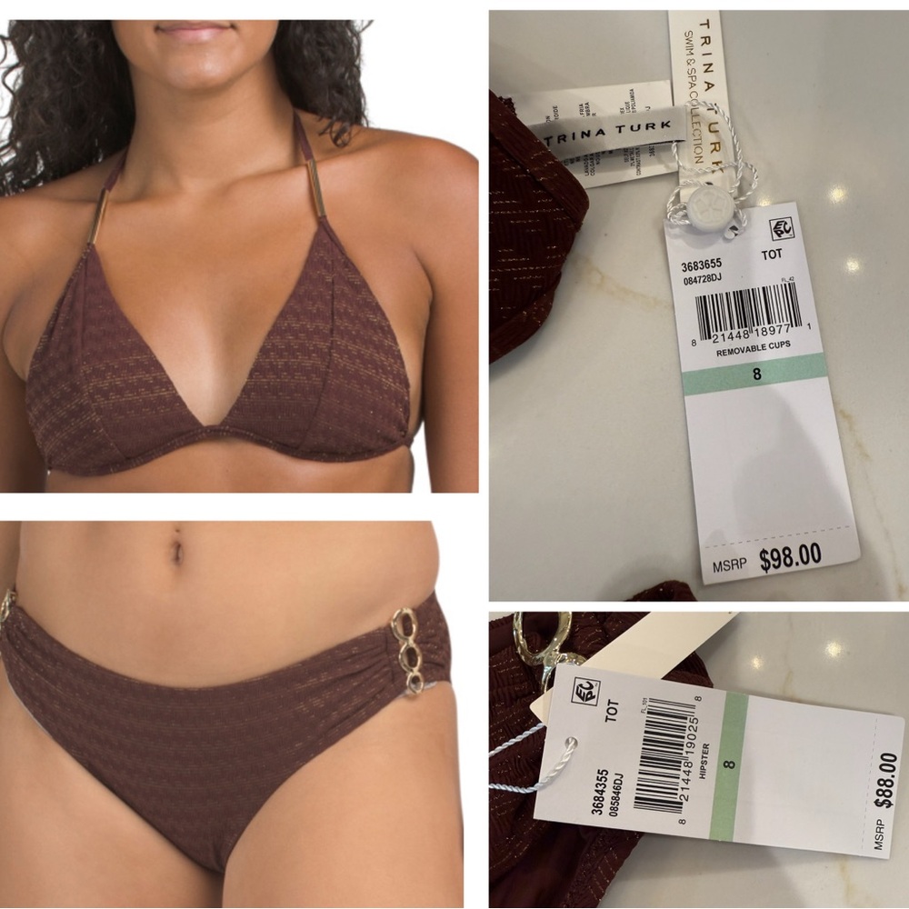 NWT Trina Turk Bikini set size 8, brown with gold threads and accents ..